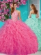 Popular Halter Top Tulle Rose Pink Quinceanera Dress with Beading and Ruffles