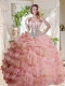 Fashionable Visible Boning Beaded Pink Sweet 16 Dress in Organza