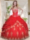 Luxurious Applique and Beaded Red Sweet 16 Dress with See Through Sweetheart
