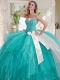 Wonderful Turquoise Big Puffy Classical Quinceanera Dress with Beading and White Bowknot