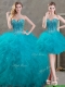 New Arrivals Beaded and Ruffled Teal Detachable Quinceanera Dresses in Organza