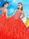 Artistic Beaded and Ruffled Adorable Little Girl Pageant Dress in Coral Red