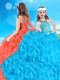 Popular Halter Top Rolling Flowers Adorable Little Girl Pageant Dress in Baby Blue