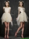 Best V Neck Cap Sleeves Short Dama Dresses with Belt and Appliques