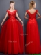 Classical Beaded V Neck Red Prom Dresses with Cap Sleeves