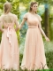 Elegant See Through Scoop Short Sleeves Prom Dresses in Peach