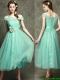 Romantic Off the Shoulder Cap Sleeves Prom Dresses with Appliques and Hand Made Flowers