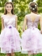 See Through Scoop Short Dama Dresses with Sashes and Ruffles