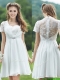 See Through Short Sleeves White Prom Dresses with Belt and Lace