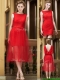 Exclusive Bateau Lace Tea Length Prom Dresses in Red