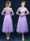 Latest Half Sleeves Tea Length Laced Dama Dresses in Lavender