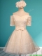 Pretty Off the Shoulder Short Sleeves Champagne Prom Dresses with Bowknot