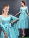 Romantic Aqua Blue Scoop Half Sleeves Prom Dresses with Bowknot