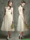 See Through Scoop Champagne Prom Dresses with Hand Made Flowers and Appliques