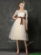 See Through Scoop Short Sleeves Prom Dresses with Bowknot and Lace