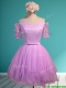 Sweet Lilac Off the Shoulder Short Sleeves Prom Dresses with Appliques and Belt