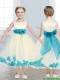 Lovely Scoop Flower Girl Dress with Teal Hand Made Flowers