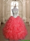Beautiful Beaded Bodice and Ruffled Quinceanera Dress in Watermelon Red  Beautiful Beaded Bodice and Ruffled Quinceanera Dress in Watermelon Red