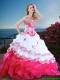 Visible Boning Beaded and Ruffled Quinceanera Gown in Hot Pink and White