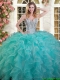Exquisite Ruffled and Beaded Aqua Blue Quinceanera Dress in Organza