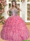 Wonderful Beaded and Ruffled Coral Red Quinceanera Gown in Organza