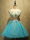 Smart Aqua Blue A-line Embroidery Lace Up Organza Sleeveless Mini Length