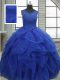 Floor Length Lace Up Ball Gown Prom Dress Royal Blue for Military Ball and Sweet 16 and Quinceanera with Ruffles and Sequins