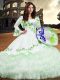 Most Popular White Ball Gowns Square Long Sleeves Organza Floor Length Lace Up Embroidery and Ruffled Layers 15th Birthday Dress