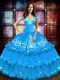 Nice Baby Blue Sweet 16 Dresses Military Ball and Sweet 16 and Quinceanera with Embroidery and Ruffled Layers Off The Shoulder Sleeveless Lace Up