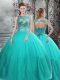 Flare Scoop Sleeveless 15th Birthday Dress Floor Length Beading Turquoise Tulle