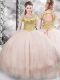 Floor Length Pink Sweet 16 Dresses Tulle Short Sleeves Beading