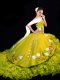 Inexpensive Lace Up 15 Quinceanera Dress Gold for Military Ball and Sweet 16 and Quinceanera with Embroidery and Ruffles Brush Train