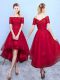 Clearance Wine Red A-line Appliques Quinceanera Dama Dress Lace Up Organza Short Sleeves High Low