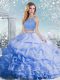 Pretty Baby Blue Sleeveless Organza Clasp Handle Quince Ball Gowns for Military Ball and Sweet 16 and Quinceanera