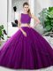 Fitting Purple Tulle Zipper 15 Quinceanera Dress Sleeveless Floor Length Lace and Ruching