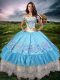 Eye-catching Baby Blue Ball Gowns Taffeta Off The Shoulder Sleeveless Beading and Embroidery and Ruffled Layers Floor Length Lace Up Quinceanera Dress
