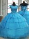 Free and Easy Sleeveless Beading and Ruffled Layers Lace Up Quince Ball Gowns with Baby Blue Brush Train