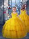 Floor Length Gold Kids Formal Wear Organza Sleeveless Ruffled Layers