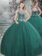 Unique Scoop Sleeveless Lace Up Quinceanera Dresses Dark Green Tulle