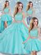 Aqua Blue Scoop Clasp Handle Lace and Sequins Quince Ball Gowns Sleeveless