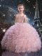 Perfect Pink Ball Gowns Organza Straps Short Sleeves Beading and Ruffles Floor Length Lace Up Little Girls Pageant Gowns