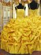Unique Gold Ball Gowns Beading and Pick Ups 15th Birthday Dress Lace Up Taffeta Sleeveless Floor Length