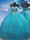 Teal Tulle Lace Up Sweet 16 Quinceanera Dress Sleeveless Floor Length Appliques