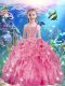 Cute Rose Pink Ball Gowns Beading and Ruffles Kids Formal Wear Lace Up Organza Sleeveless Floor Length