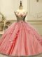 Decent Sleeveless Tulle Floor Length Lace Up Quinceanera Gowns in Watermelon Red with Appliques