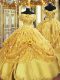 Custom Fit Gold Ball Gowns Tulle Strapless Sleeveless Beading and Appliques and Hand Made Flower Floor Length Lace Up Quinceanera Gowns