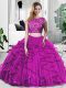 Fuchsia Quinceanera Gown Military Ball and Sweet 16 and Quinceanera with Lace and Ruffles Scoop Sleeveless Zipper
