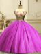 Fuchsia Ball Gowns Tulle Scoop Sleeveless Appliques and Sequins Floor Length Lace Up Ball Gown Prom Dress