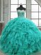 Designer Sleeveless Floor Length Beading and Ruffles Lace Up Quince Ball Gowns with Turquoise