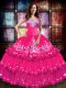 Hot Pink Sleeveless Floor Length Embroidery and Ruffled Layers Lace Up Quinceanera Gown
